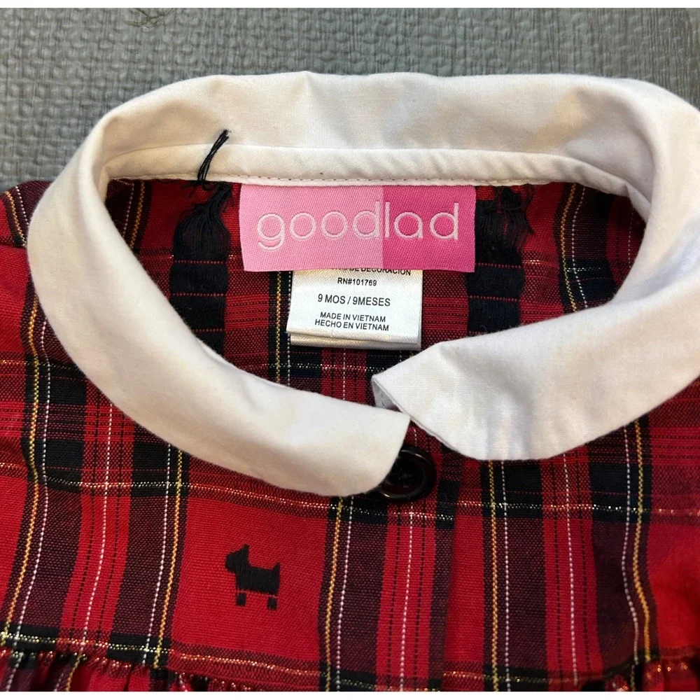 Good Lad‎ Red Plaid Scottie Dog Dress Baby Girls 9 Months Puff Sleeve Collared